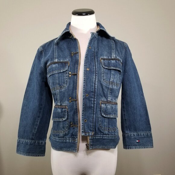 VTG Tommy Hilfiger S Denim Jacket Embellished Hardware Contrast Trim Distressed - Picture 2 of 11